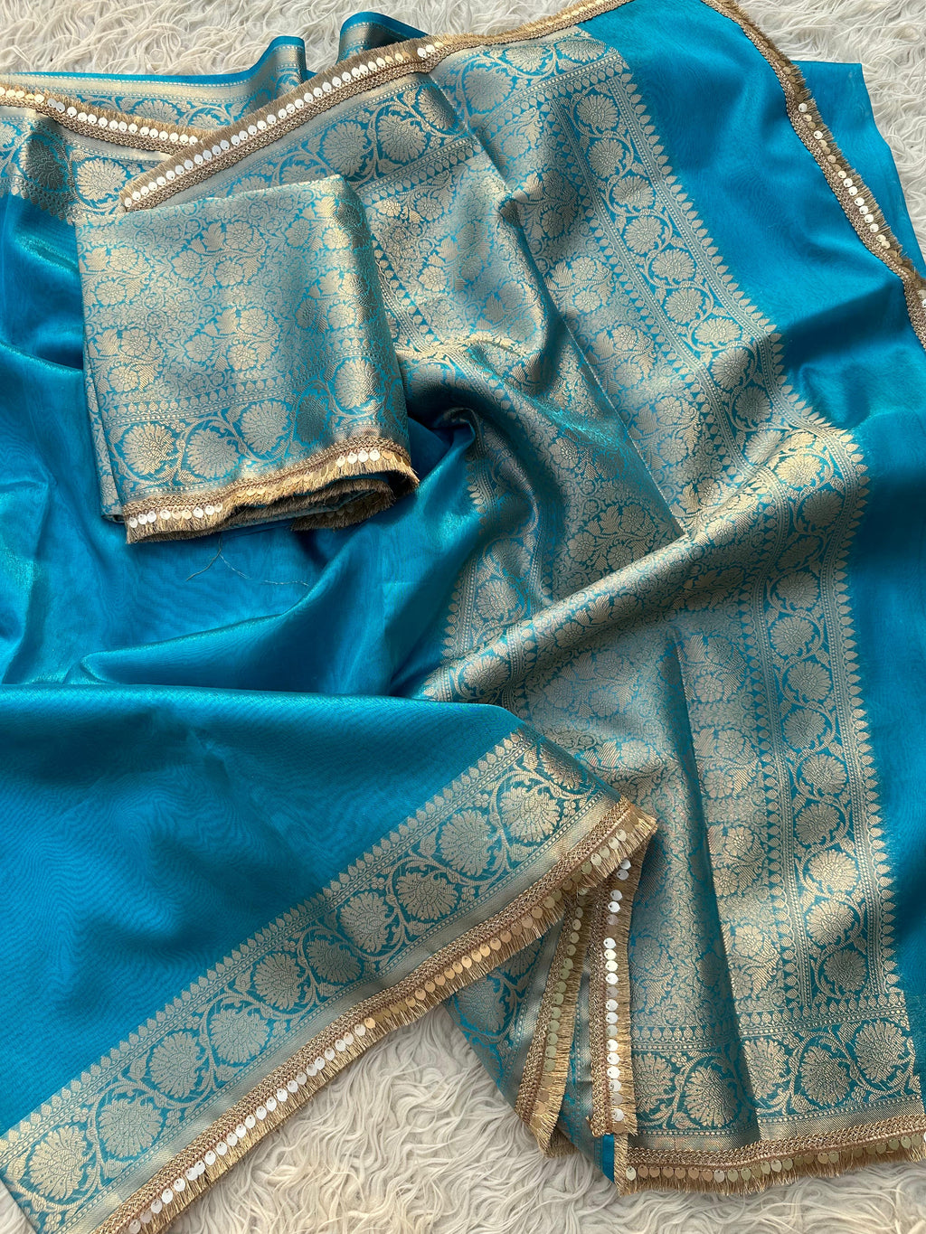 Firozi Banarasi Tissue Saree with Banarasi Border Along with Premium Lace