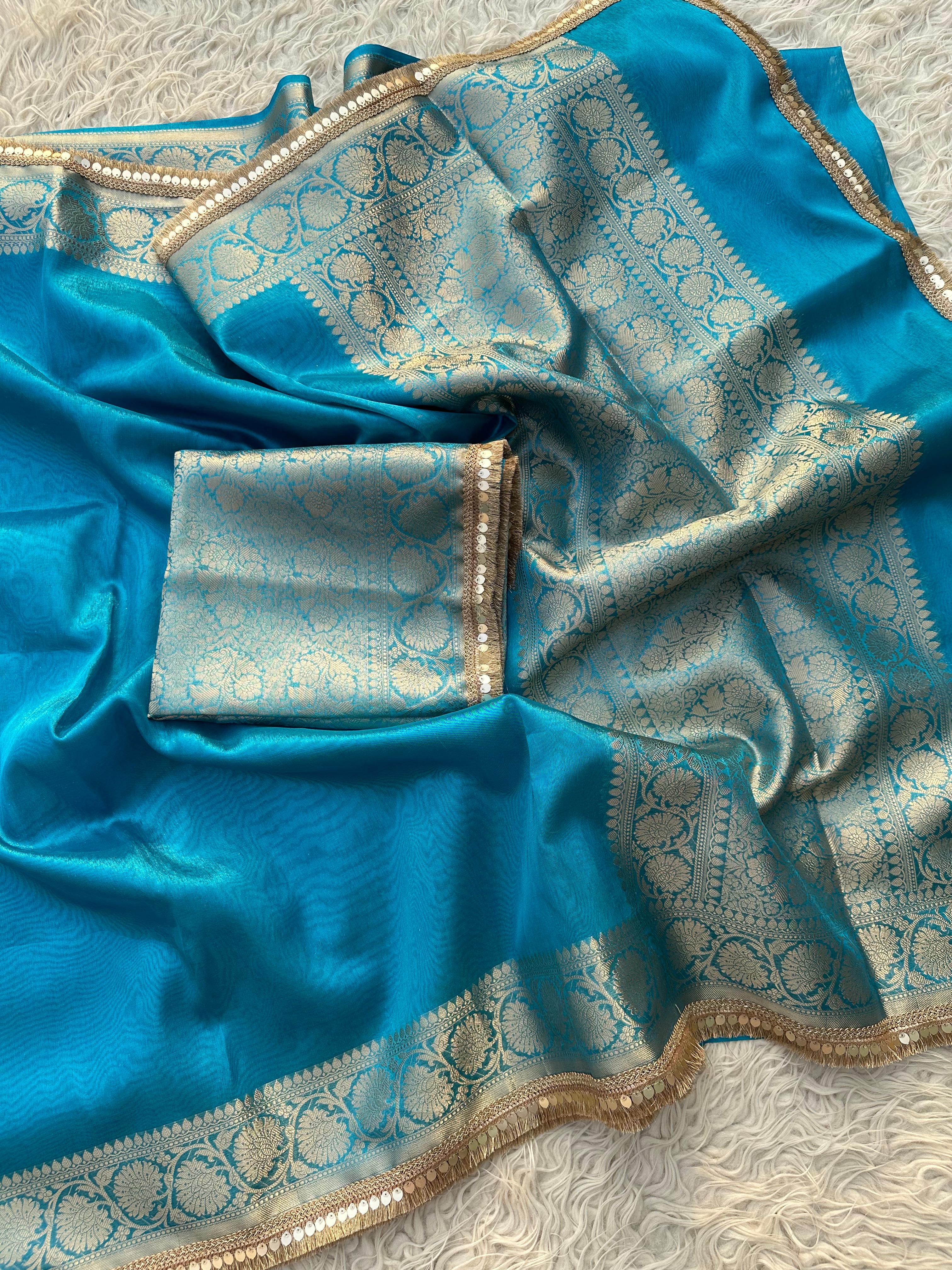 Firozi Banarasi Tissue Saree with Banarasi Border Along with Premium Lace