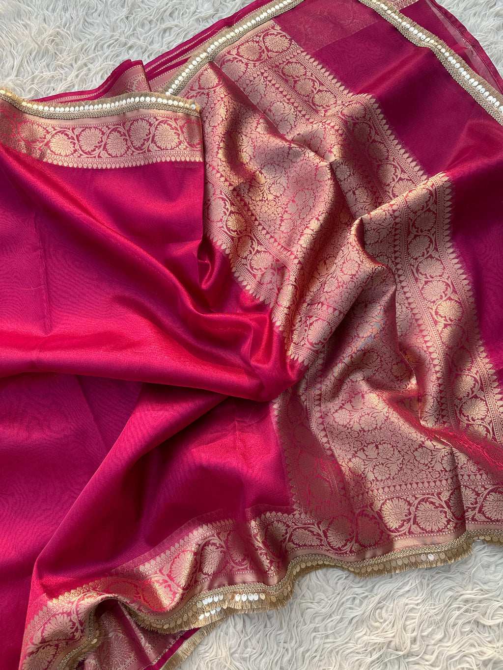 Rani Banarasi Tissue Saree with Banarasi Border Along with Premium Lace