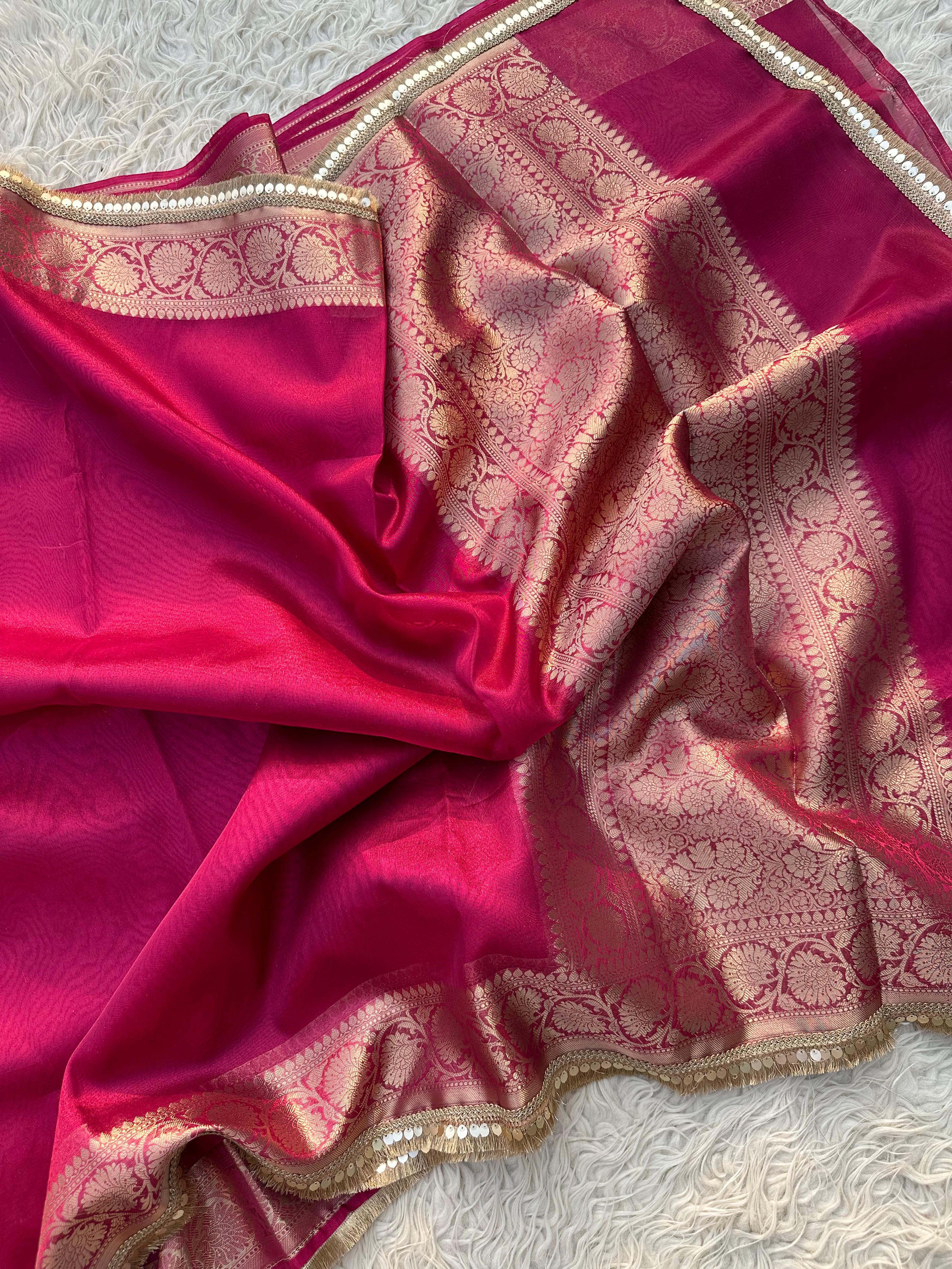 Rani Banarasi Tissue Saree with Banarasi Border Along with Premium Lace