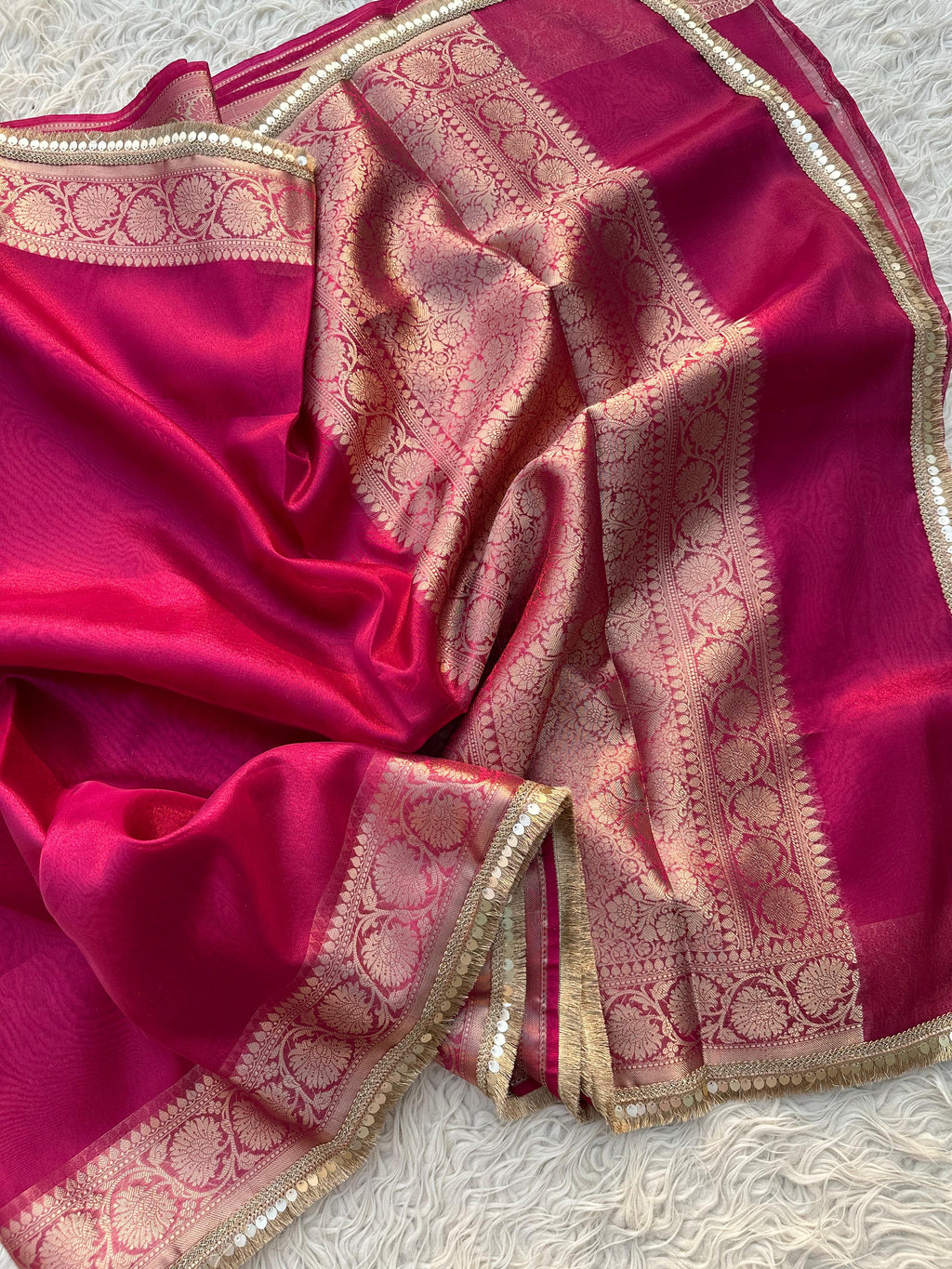 Rani Banarasi Tissue Saree with Banarasi Border Along with Premium Lace