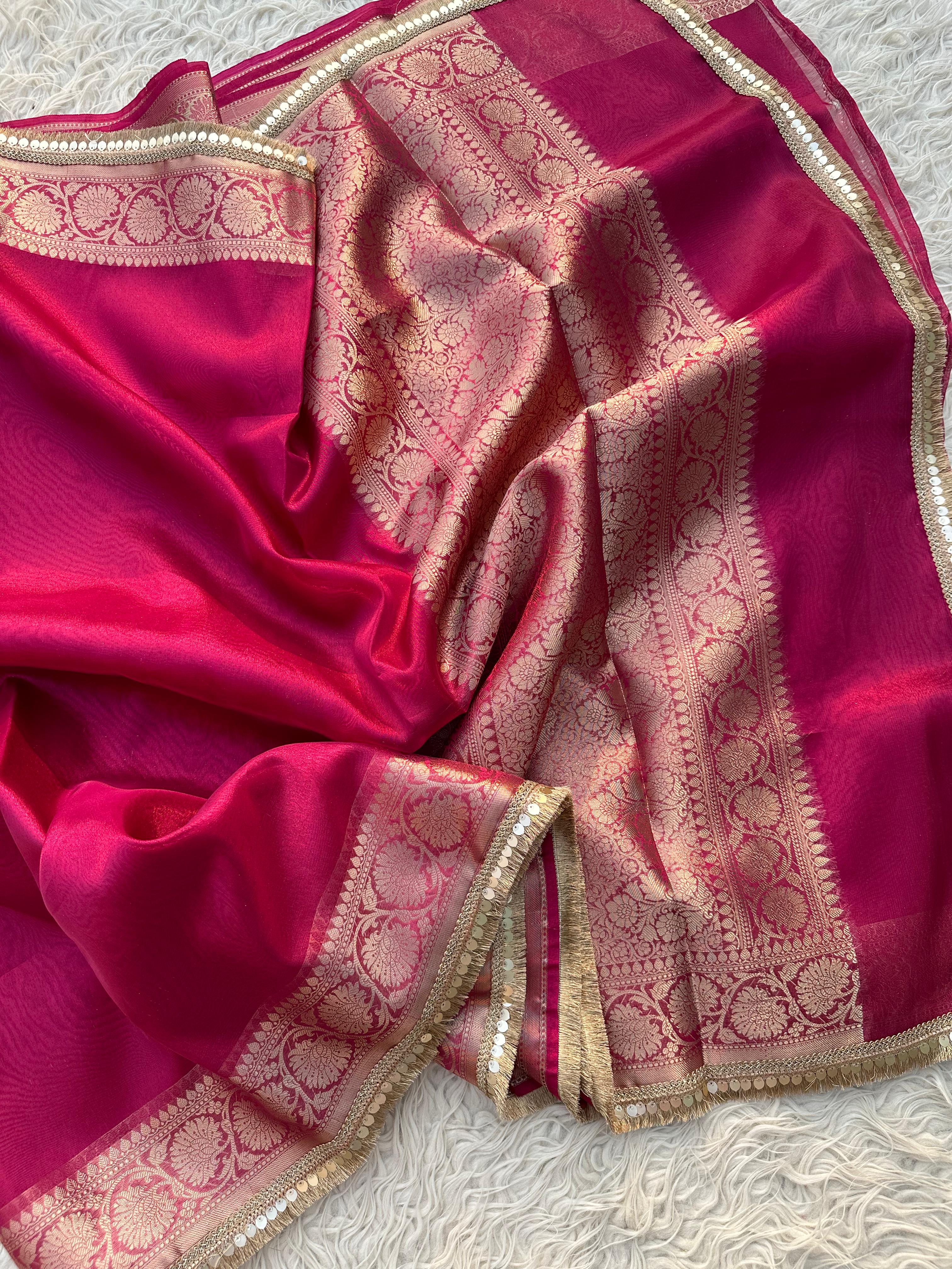 Rani Banarasi Tissue Saree with Banarasi Border Along with Premium Lace