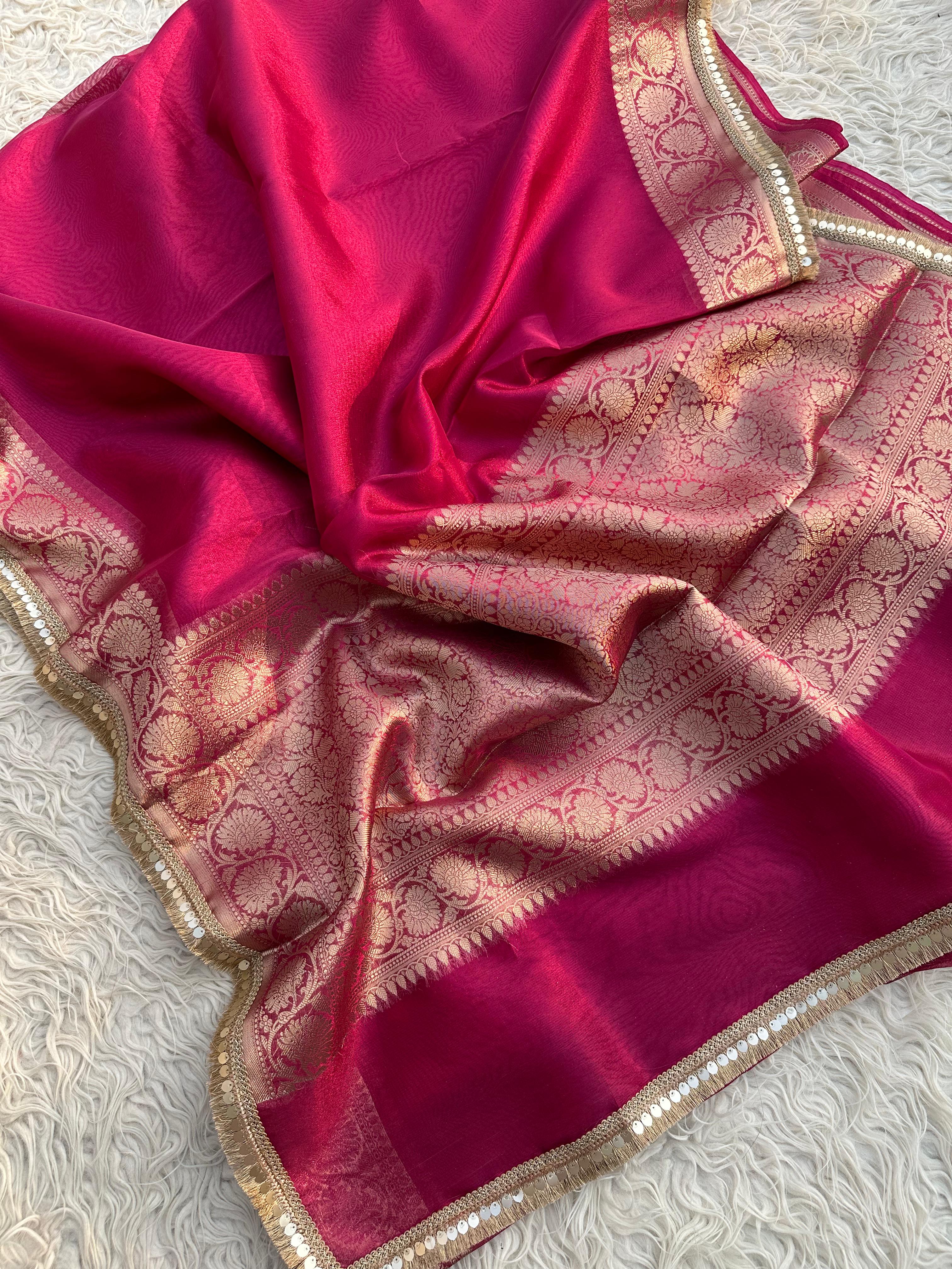 Rani Banarasi Tissue Saree with Banarasi Border Along with Premium Lace