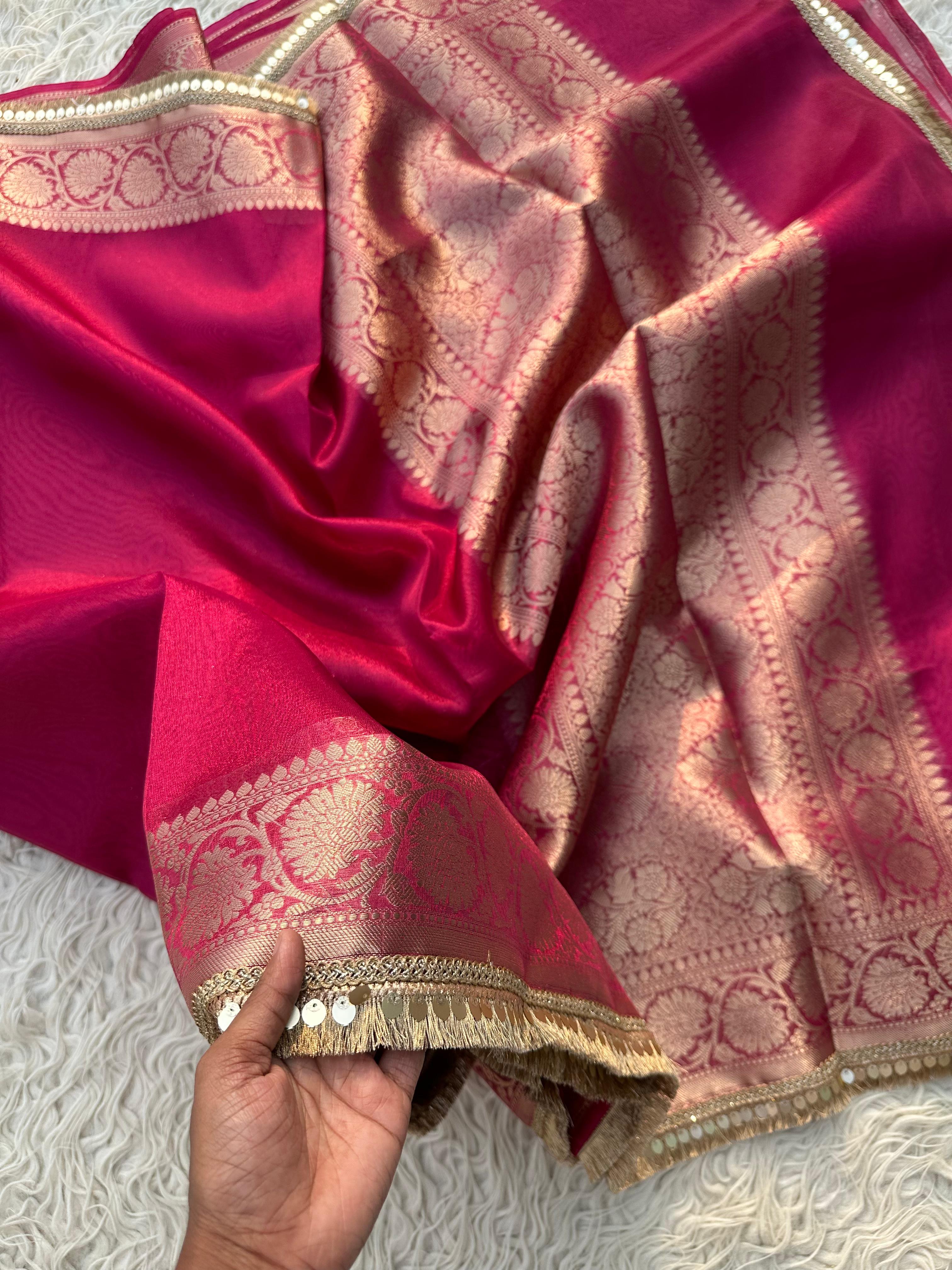 Rani Banarasi Tissue Saree with Banarasi Border Along with Premium Lace