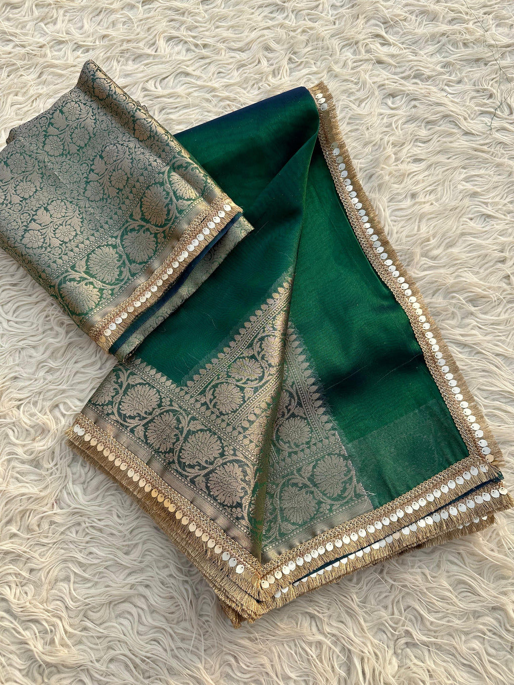 Bottle Green Banarasi Tissue Saree with Banarasi Border Along with Premium Lace