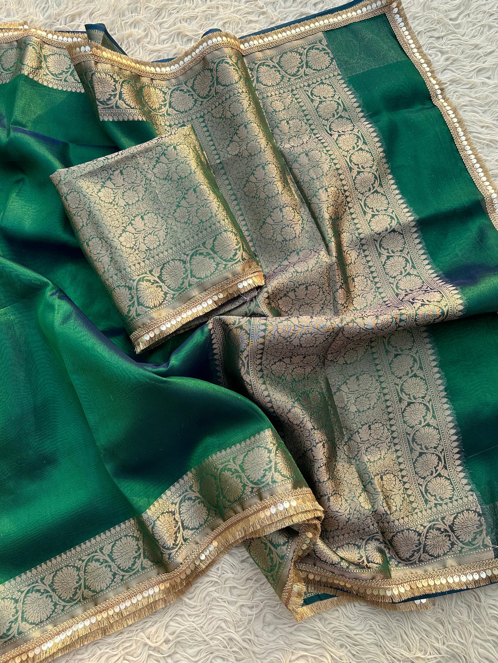 Bottle Green Banarasi Tissue Saree with Banarasi Border Along with Premium Lace