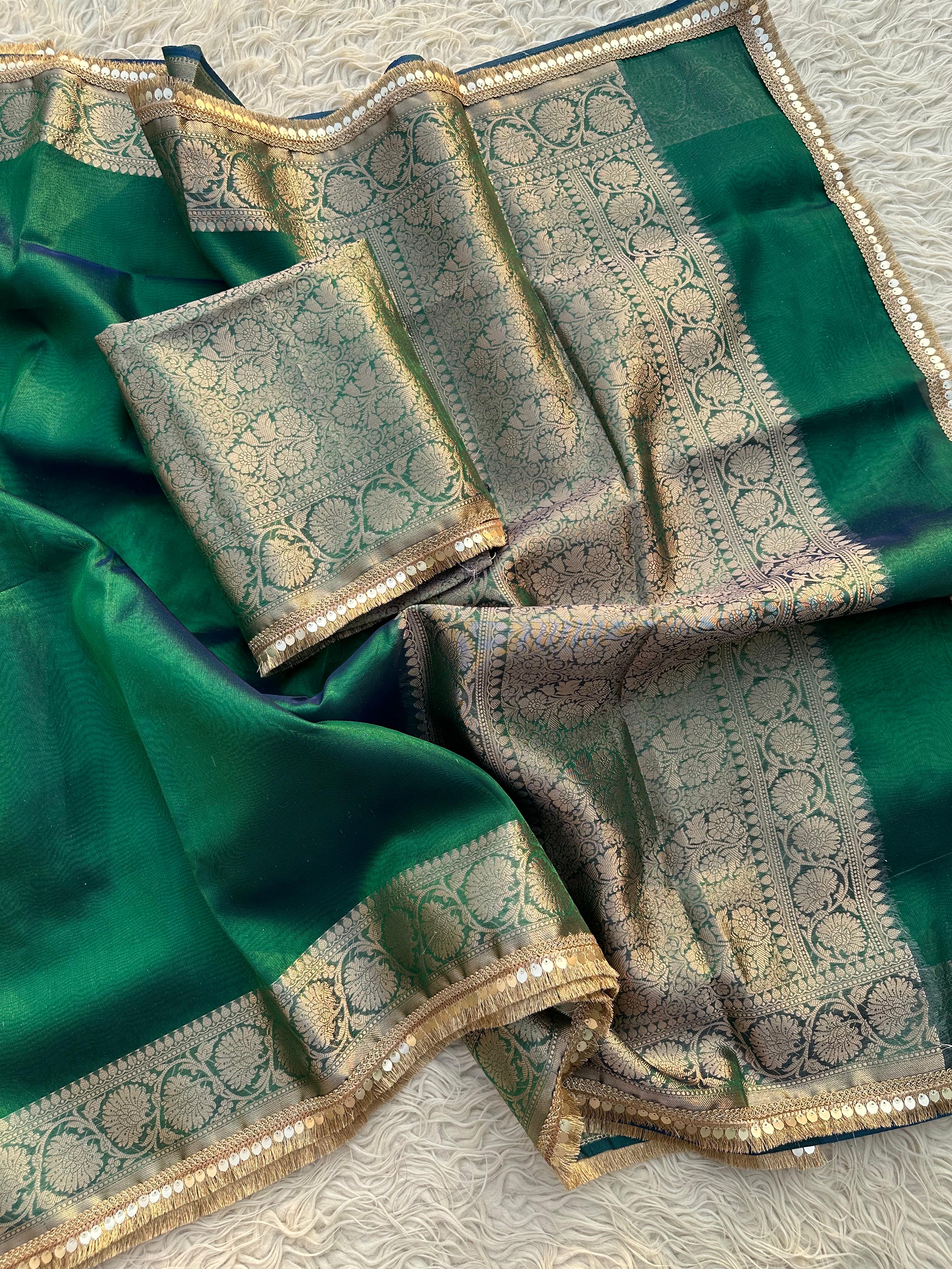 Bottle Green Banarasi Tissue Saree with Banarasi Border Along with Premium Lace
