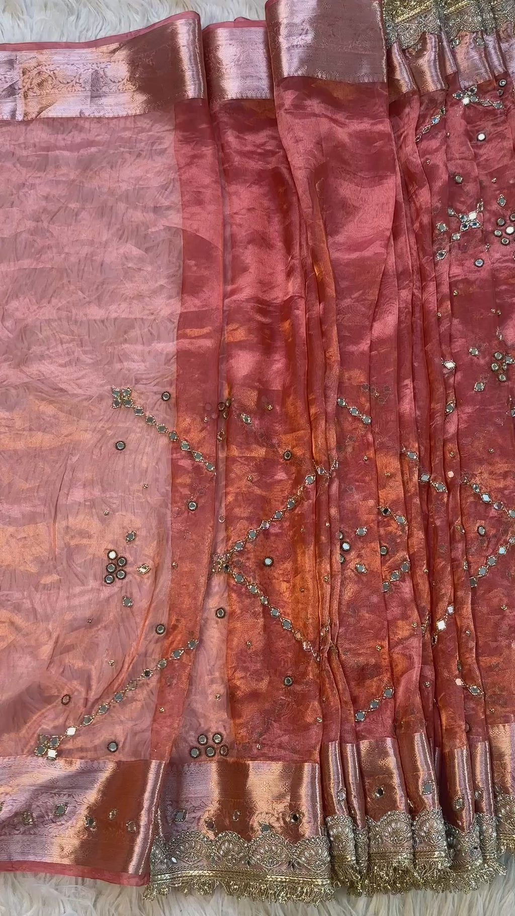 100%Pure Banarasi Tissue Saree with Hand Work on all over Body with Intricate Border and Pallu Design Along with diamond  Lace Work