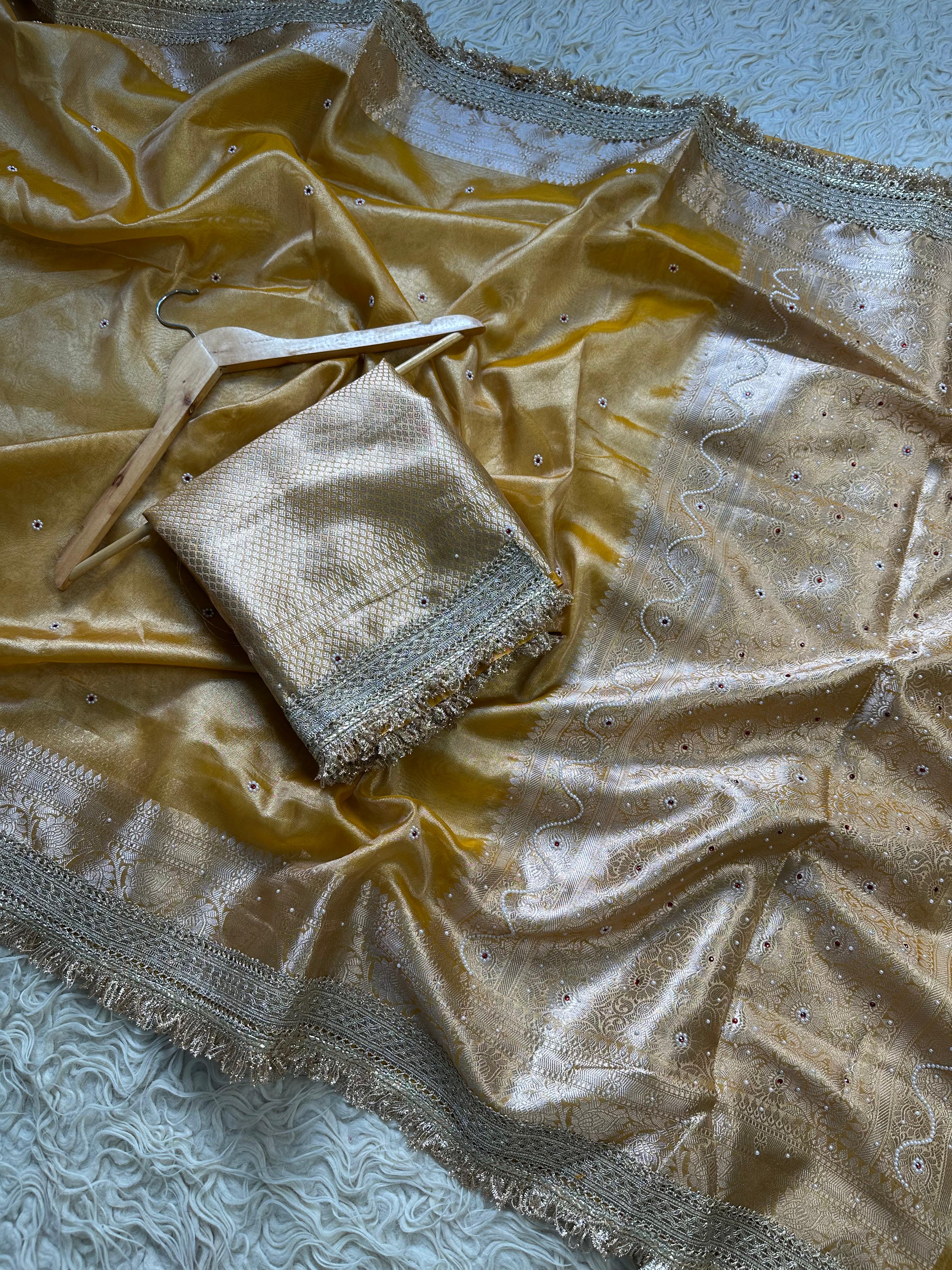 Yellow Designer Banarasi Tissue Saree with Pearl Work on all over Body with Intricate Border and Pallu Design Along with Gotta Patti Lace Work