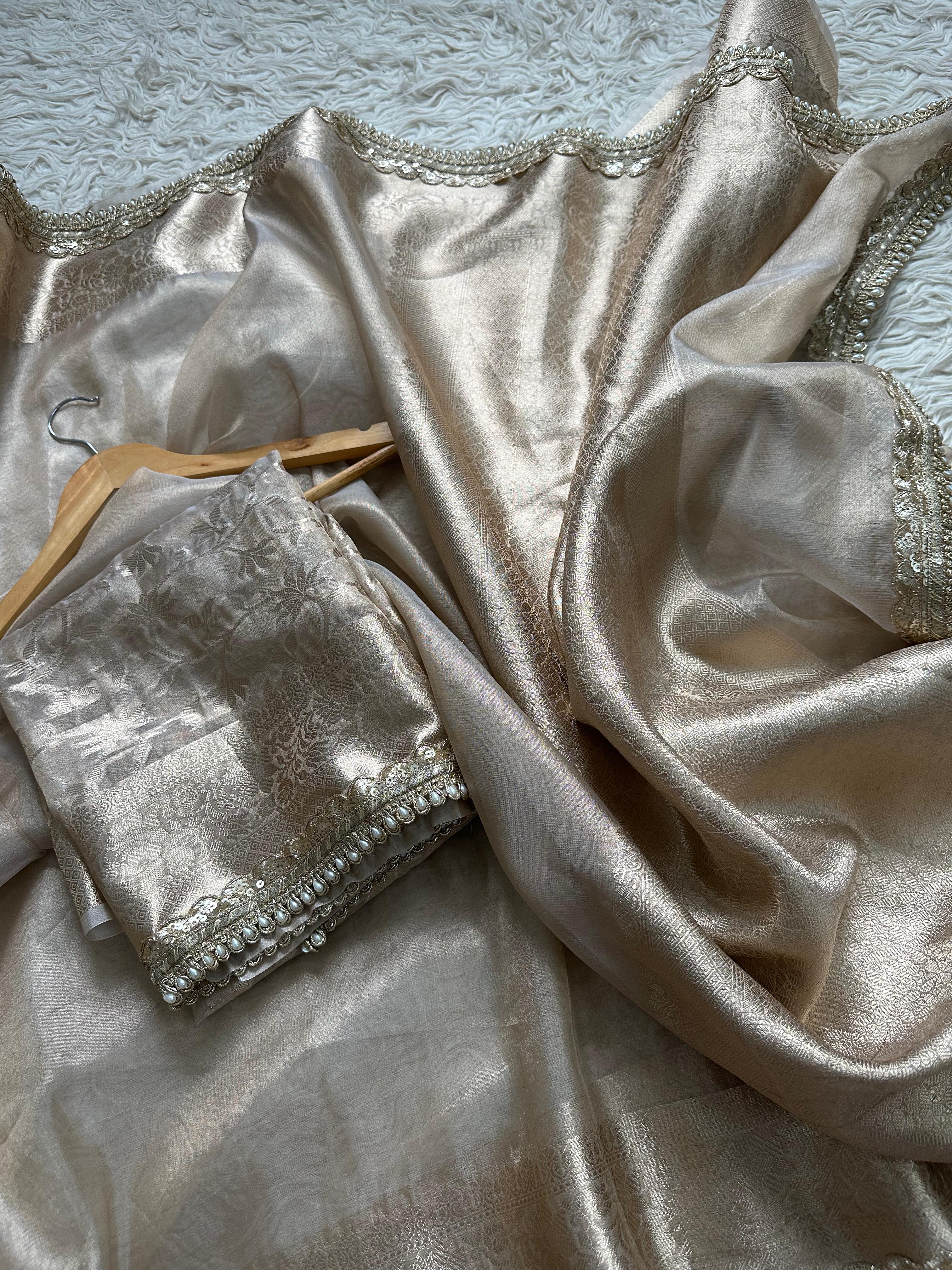 Janhavi Kapoor Inspired Tissue Silk Saree with Gota Patti and pearl lace work