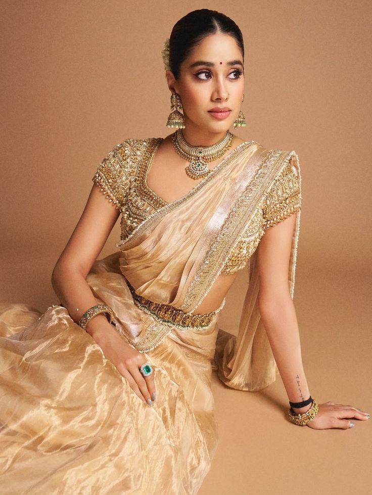 Janhavi Kapoor Inspired Tissue Silk Saree with Gota Patti and pearl lace work