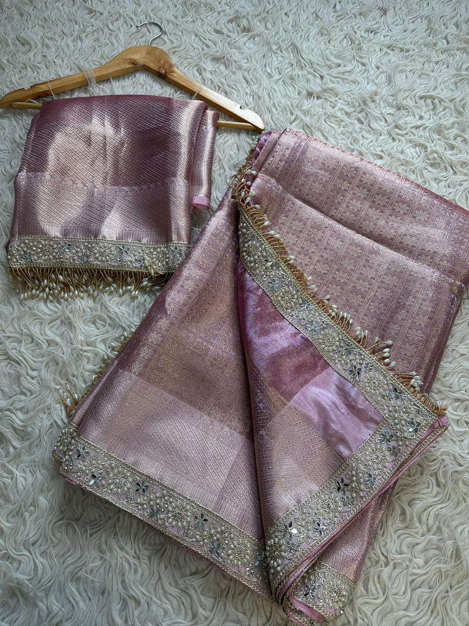 Pink Bridal Kanjeevaram Brocade Tissue Saree with Designer Pearl and Mirror Lace Work Jhalar Lace on Pallu