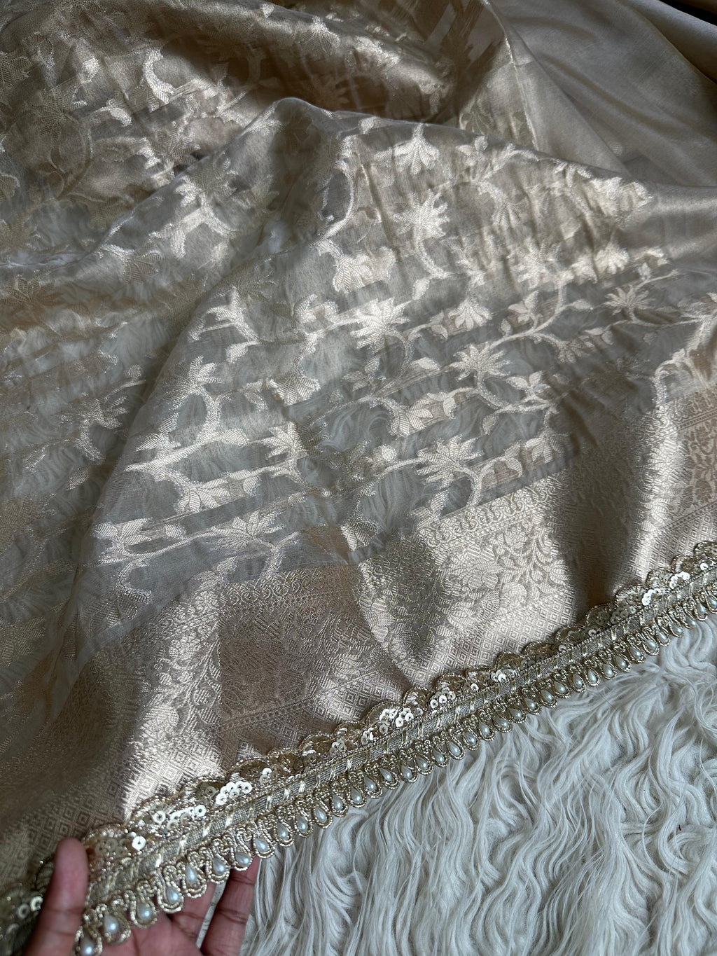 Janhavi Kapoor Inspired Tissue Silk Saree with Gota Patti and pearl lace work