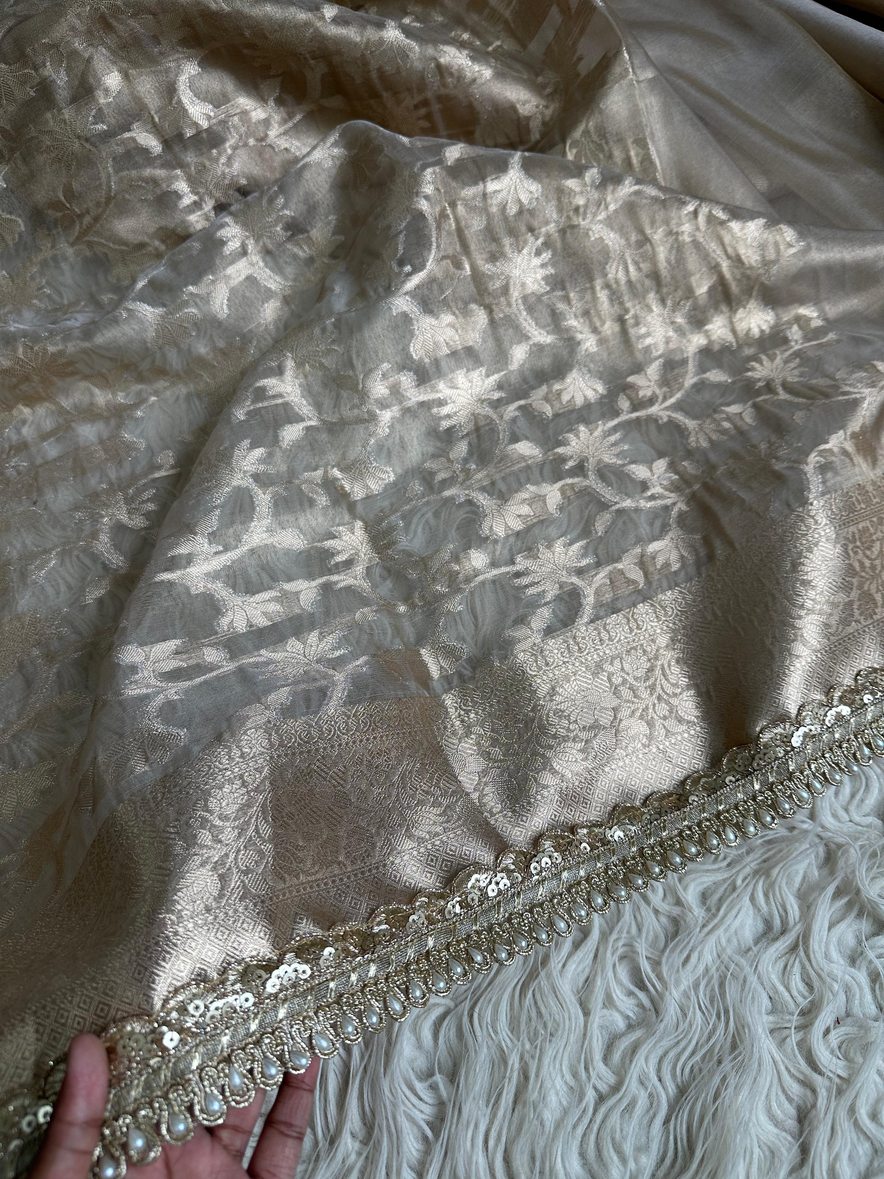 Janhavi Kapoor Inspired Tissue Silk Saree with Gota Patti and pearl lace work