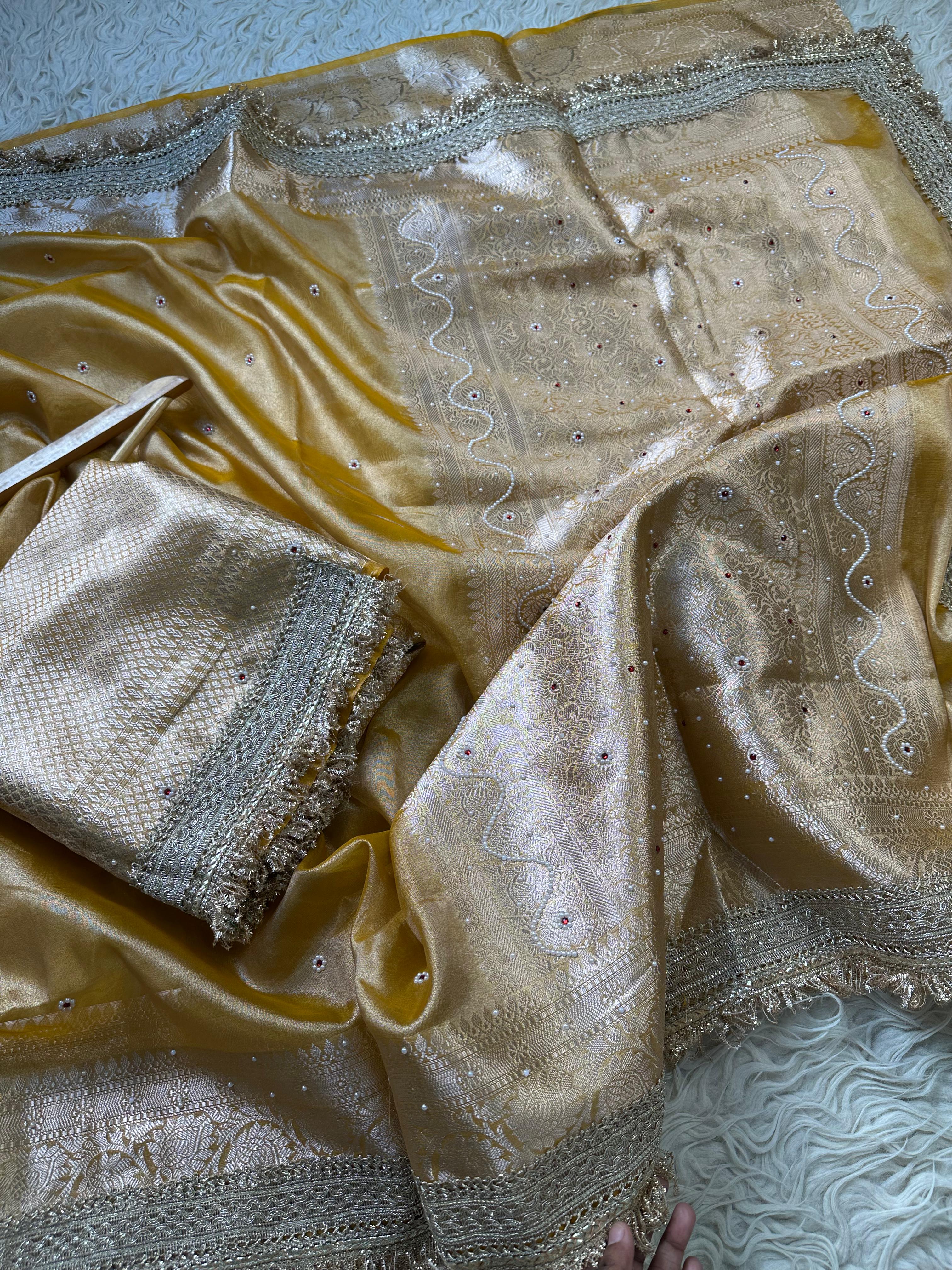 Yellow Designer Banarasi Tissue Saree with Pearl Work on all over Body with Intricate Border and Pallu Design Along with Gotta Patti Lace Work