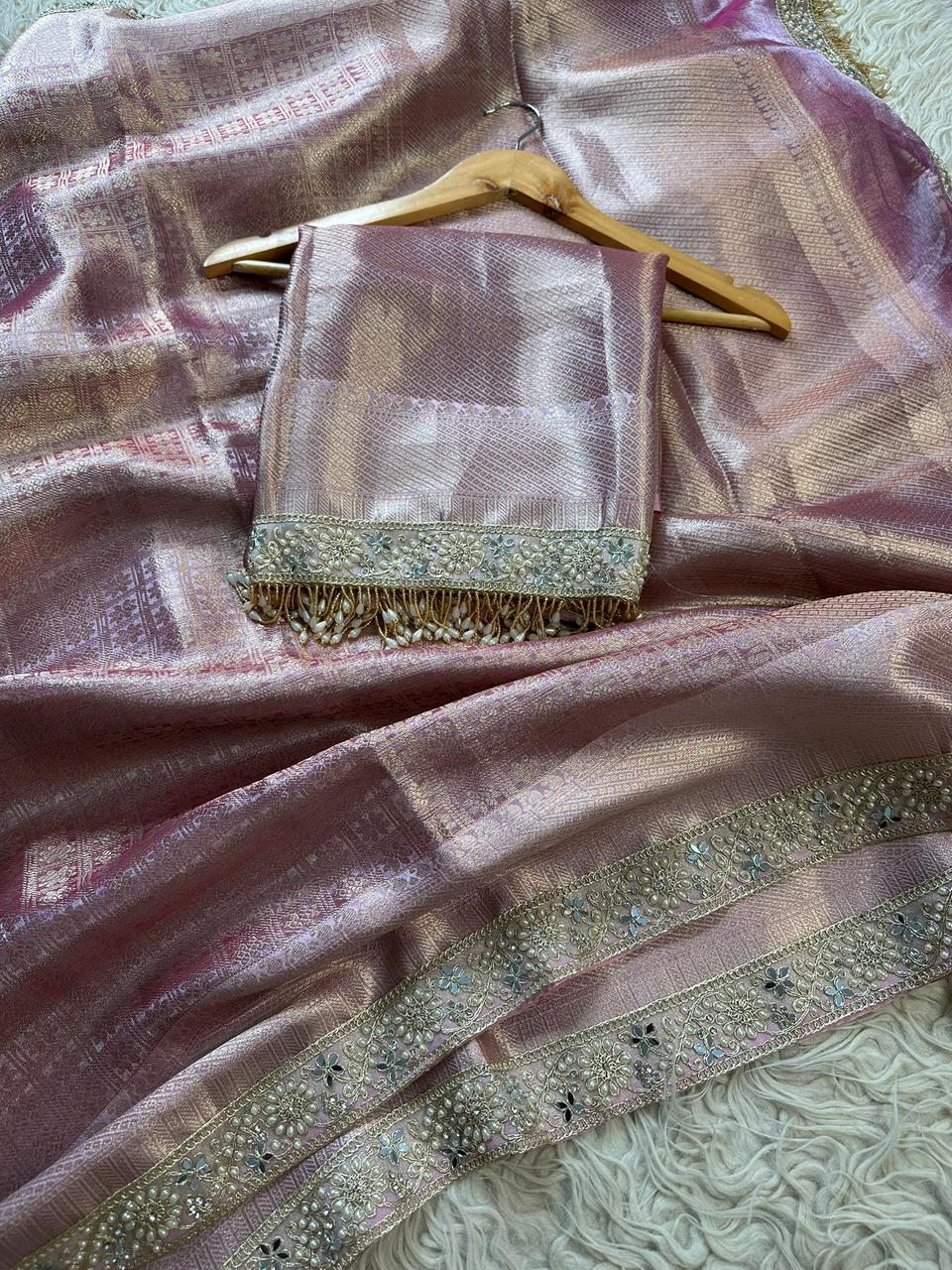 Pink Bridal Kanjeevaram Brocade Tissue Saree with Designer Pearl and Mirror Lace Work Jhalar Lace on Pallu