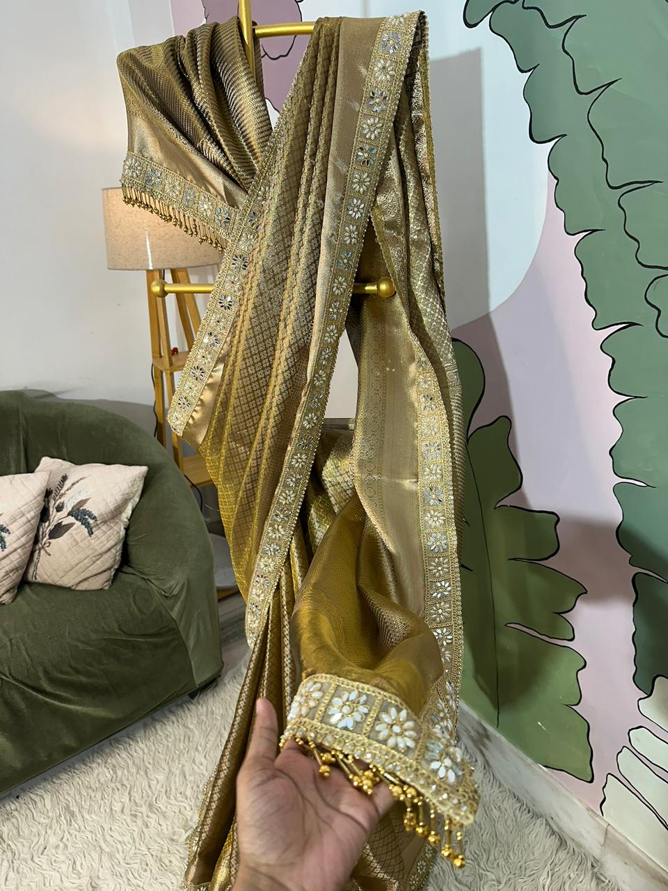 Bridal Kanjeevaram Brocade Tissue Saree with Designer Pearl and Mirror Lace Work Jhalar Lace on Pallu