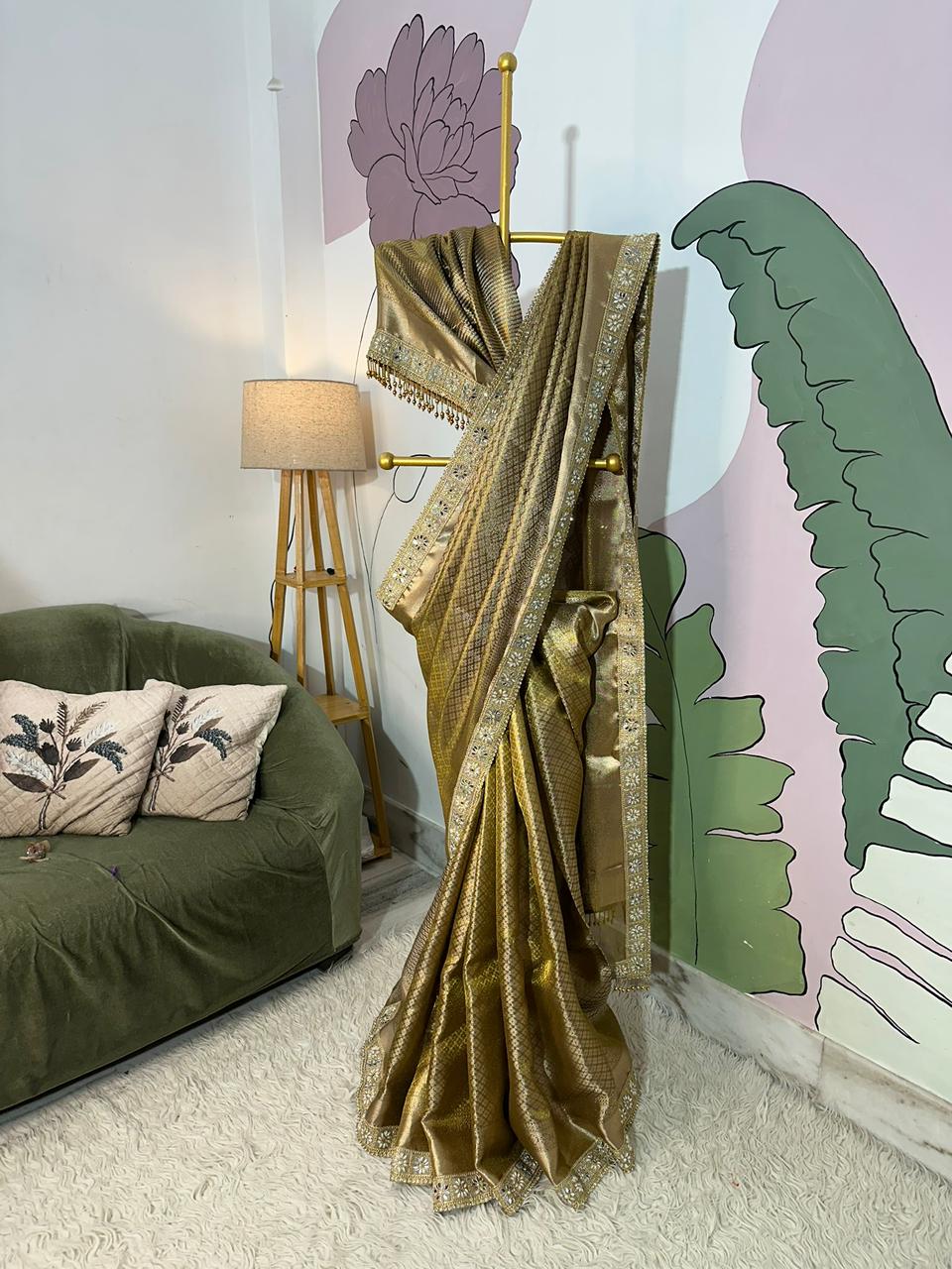 Bridal Kanjeevaram Brocade Tissue Saree with Designer Pearl and Mirror Lace Work Jhalar Lace on Pallu