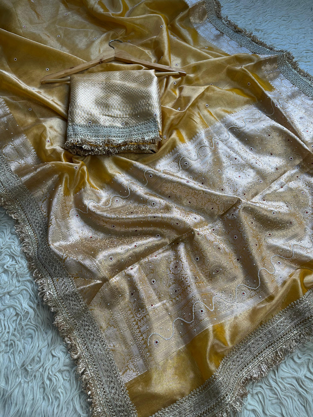 Yellow Designer Banarasi Tissue Saree with Pearl Work on all over Body with Intricate Border and Pallu Design Along with Gotta Patti Lace Work