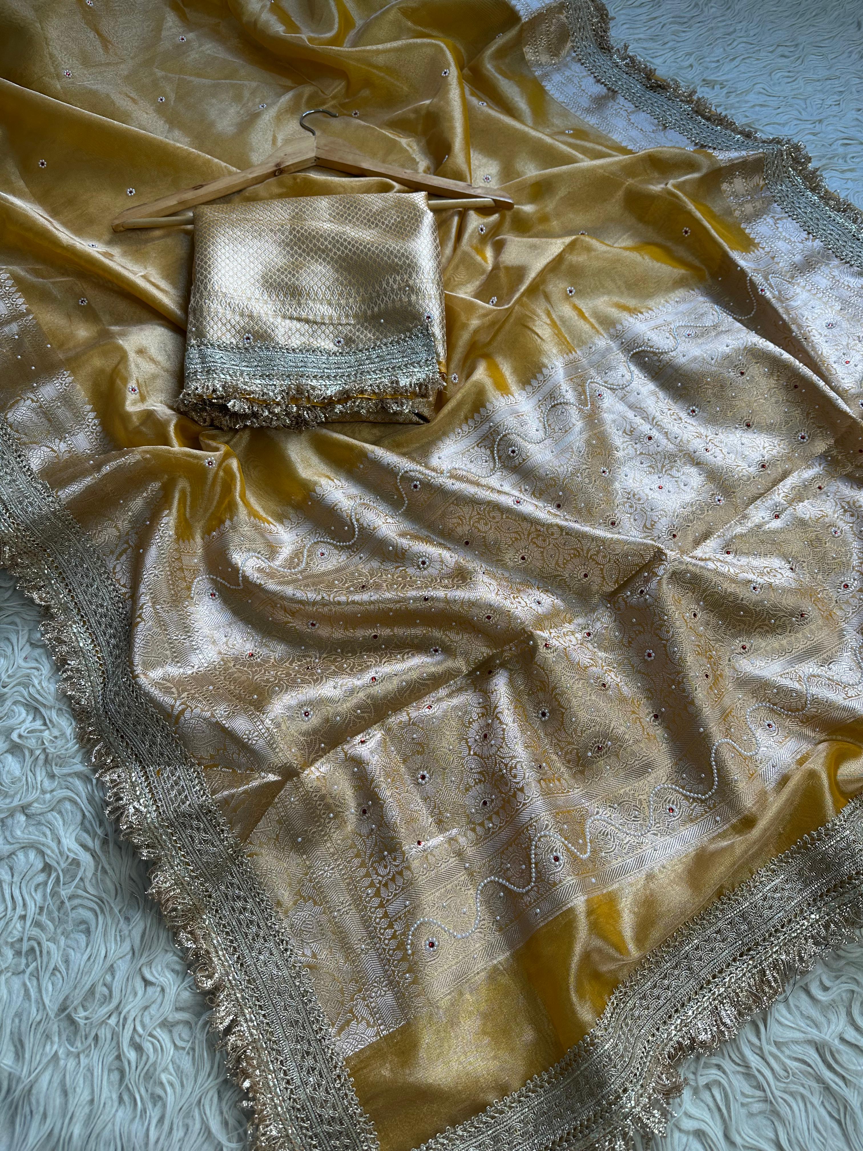 Yellow Designer Banarasi Tissue Saree with Pearl Work on all over Body with Intricate Border and Pallu Design Along with Gotta Patti Lace Work
