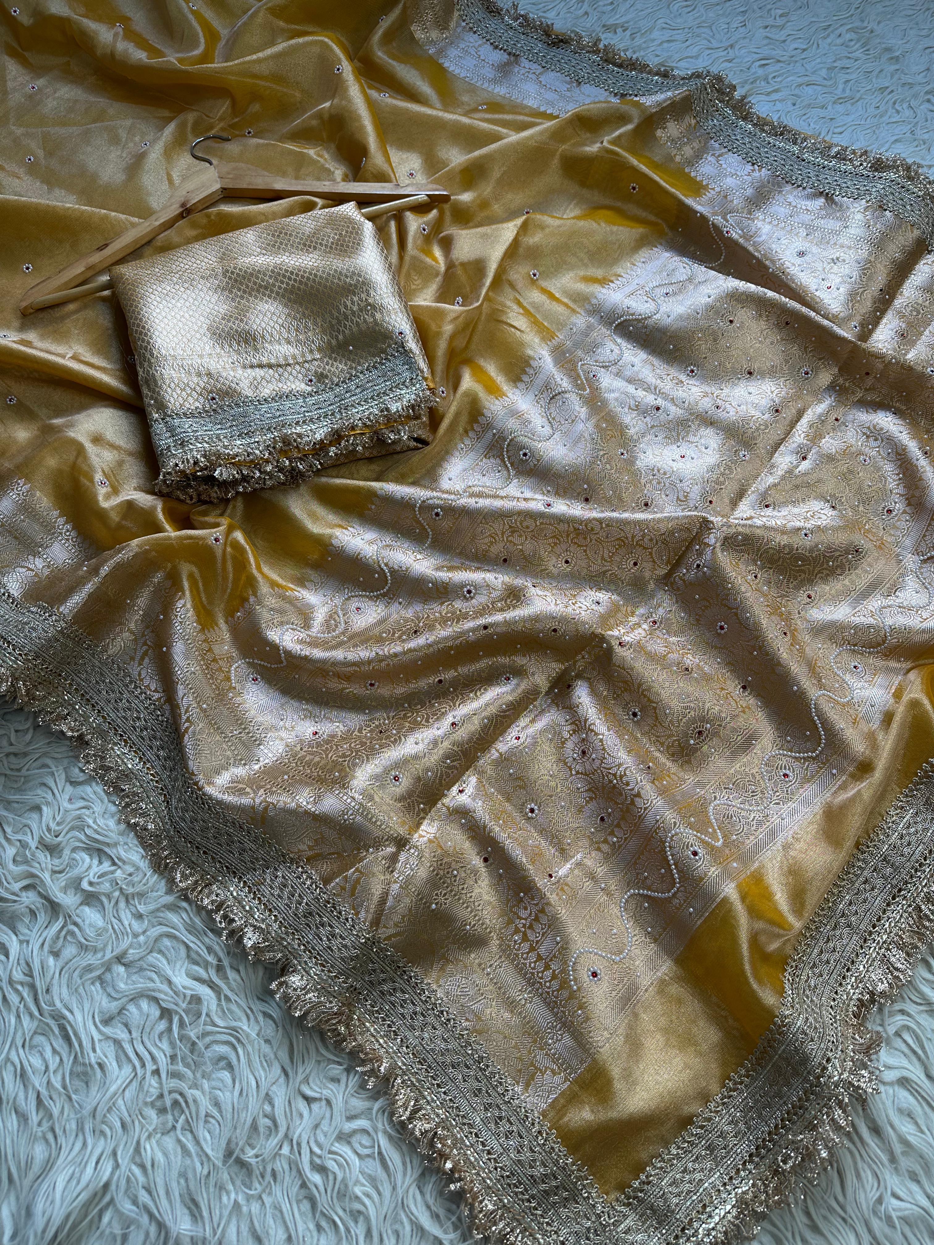 Yellow Designer Banarasi Tissue Saree with Pearl Work on all over Body with Intricate Border and Pallu Design Along with Gotta Patti Lace Work