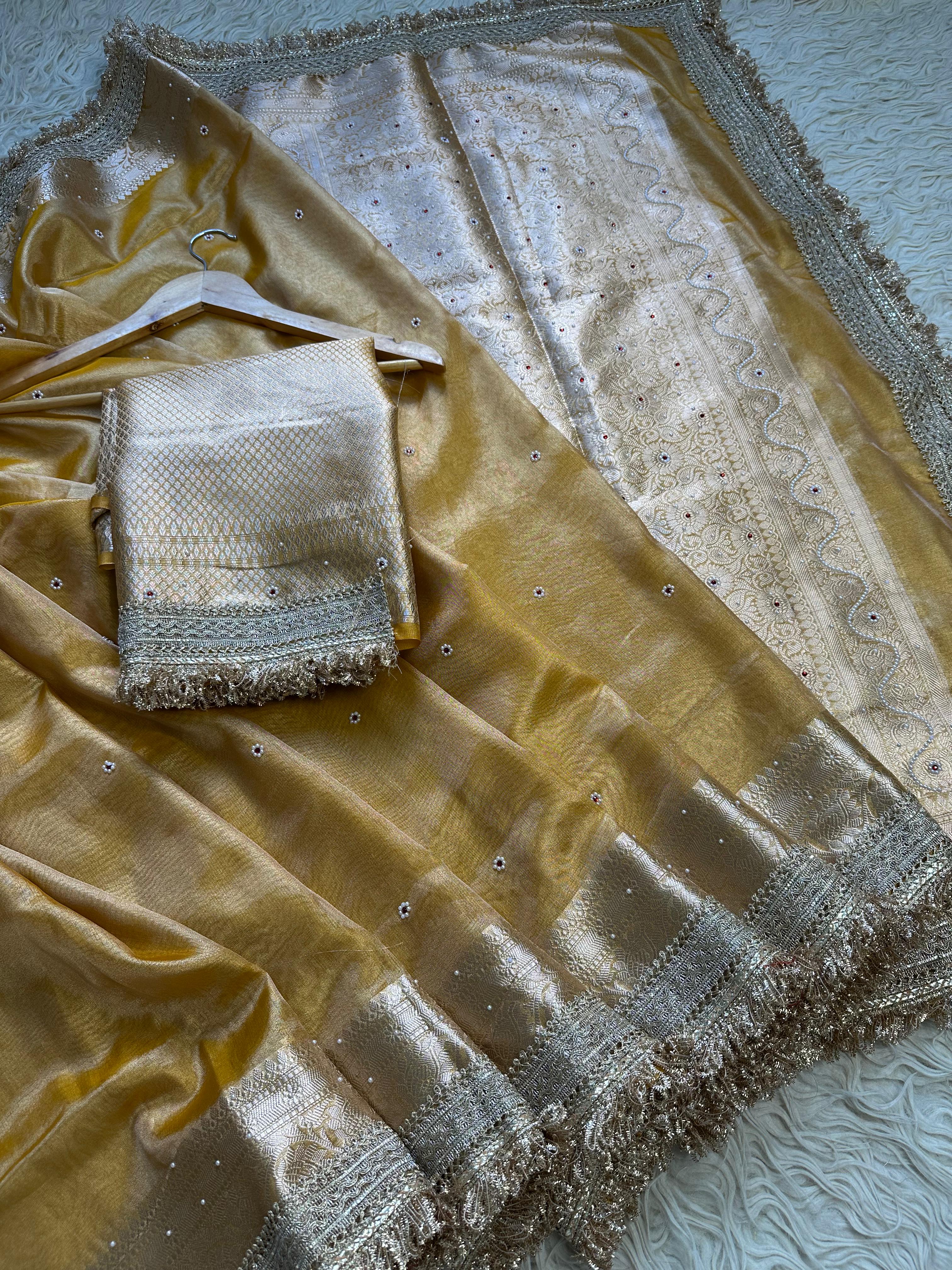 Yellow Designer Banarasi Tissue Saree with Pearl Work on all over Body with Intricate Border and Pallu Design Along with Gotta Patti Lace Work