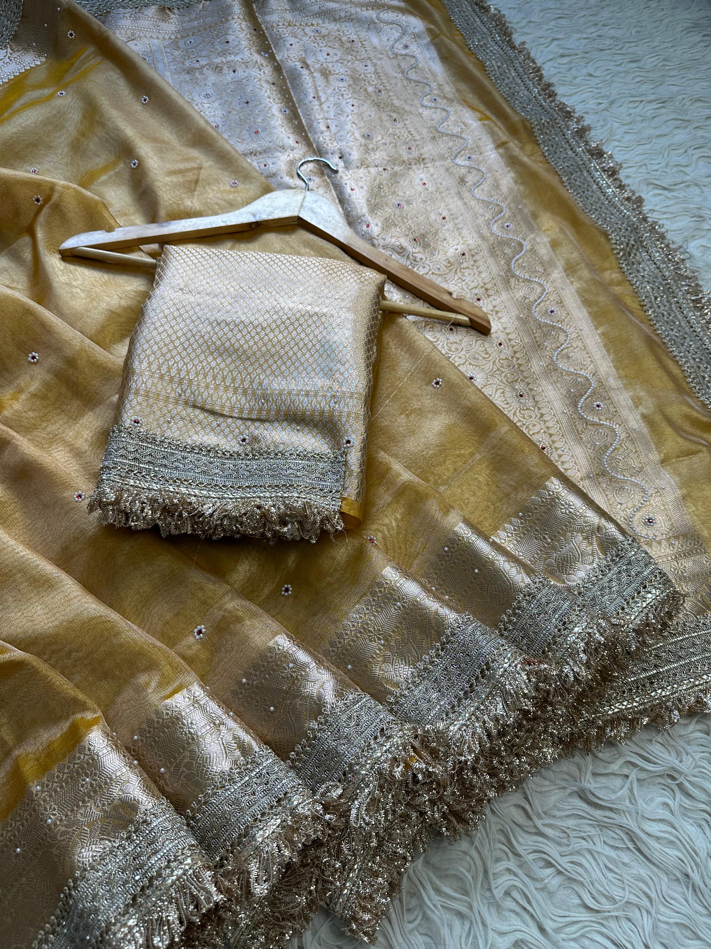 Yellow Designer Banarasi Tissue Saree with Pearl Work on all over Body with Intricate Border and Pallu Design Along with Gotta Patti Lace Work