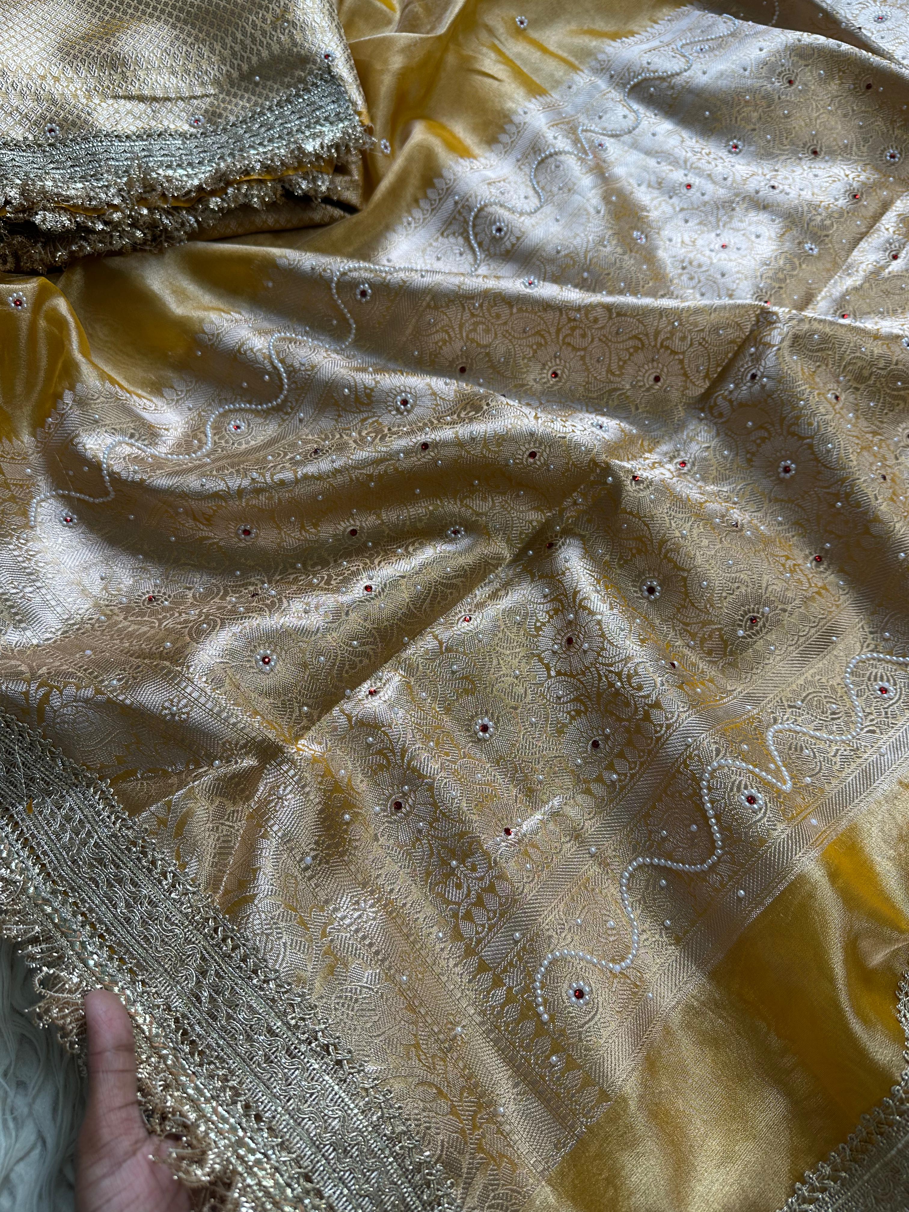 Yellow Designer Banarasi Tissue Saree with Pearl Work on all over Body with Intricate Border and Pallu Design Along with Gotta Patti Lace Work