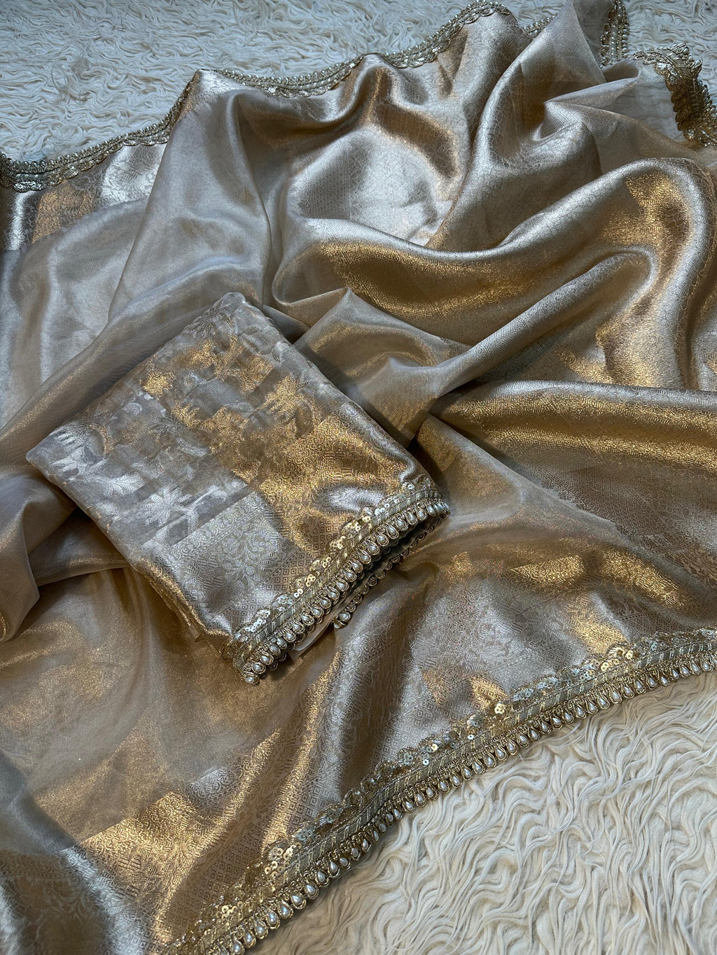 Janhavi Kapoor Inspired Tissue Silk Saree with Gota Patti and pearl lace work