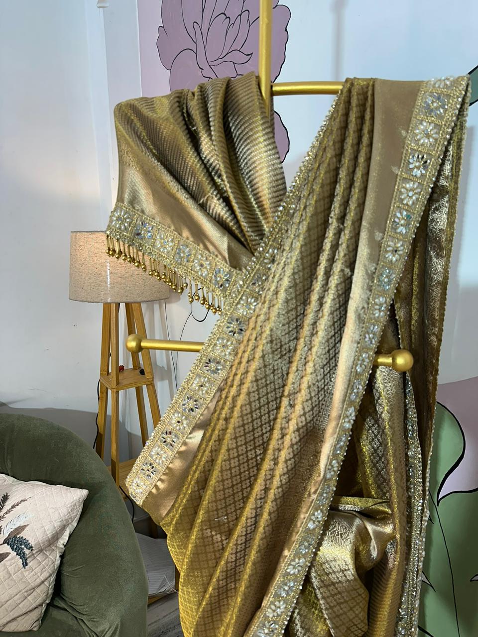 Bridal Kanjeevaram Brocade Tissue Saree with Designer Pearl and Mirror Lace Work Jhalar Lace on Pallu