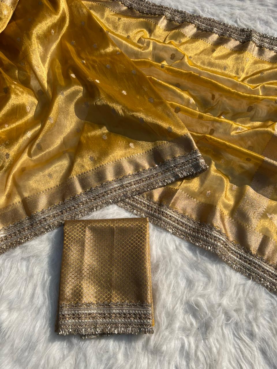 Designer Tissue Saree with boota and Buti Pattern with Gotta Patti Lace work on Border