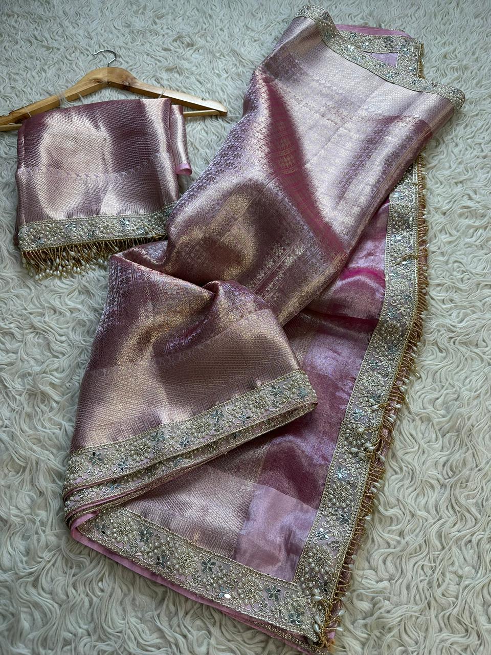 Pink Bridal Kanjeevaram Brocade Tissue Saree with Designer Pearl and Mirror Lace Work Jhalar Lace on Pallu