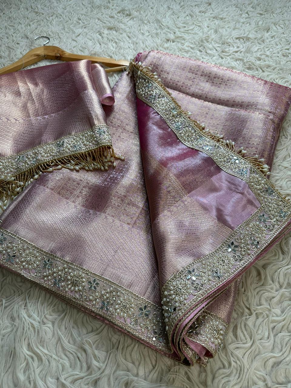 Pink Bridal Kanjeevaram Brocade Tissue Saree with Designer Pearl and Mirror Lace Work Jhalar Lace on Pallu
